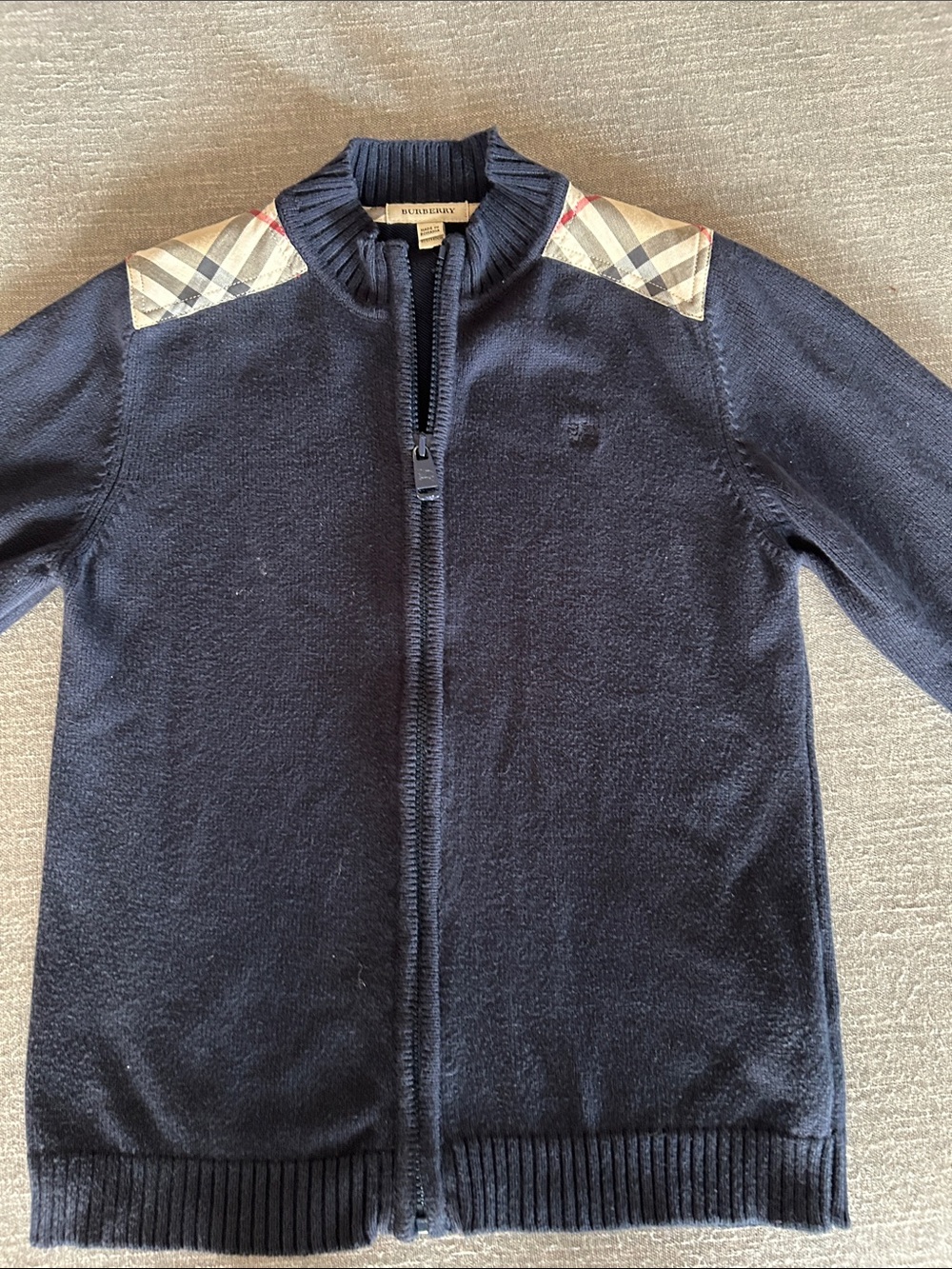 Burberry Navy Zip-Up Sweater with Signature Check Shoulder Panels